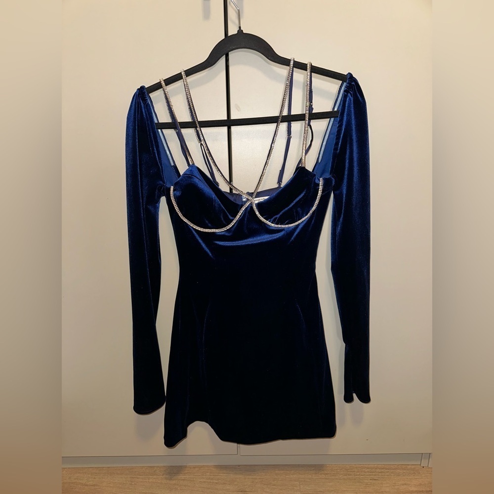 House Of CB Mistress Rocks Blue Velvet Mini Dress Size Small - Picture 6 of 10
